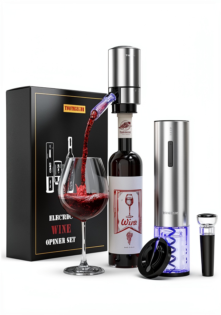 Installing TOMEEM Electric Wine Opener Stainless Steel Aerator Stopper on a wooden kitchen counter