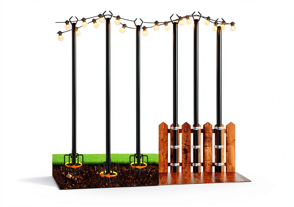 Installing HUGSVIK 6 Pack 10‑Ft Metal Light Poles Outdoor String Lights in a backyard setting