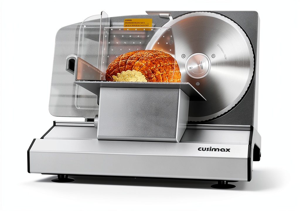 CUSIMAX electric food slicer slicing roast beef on kitchen counter