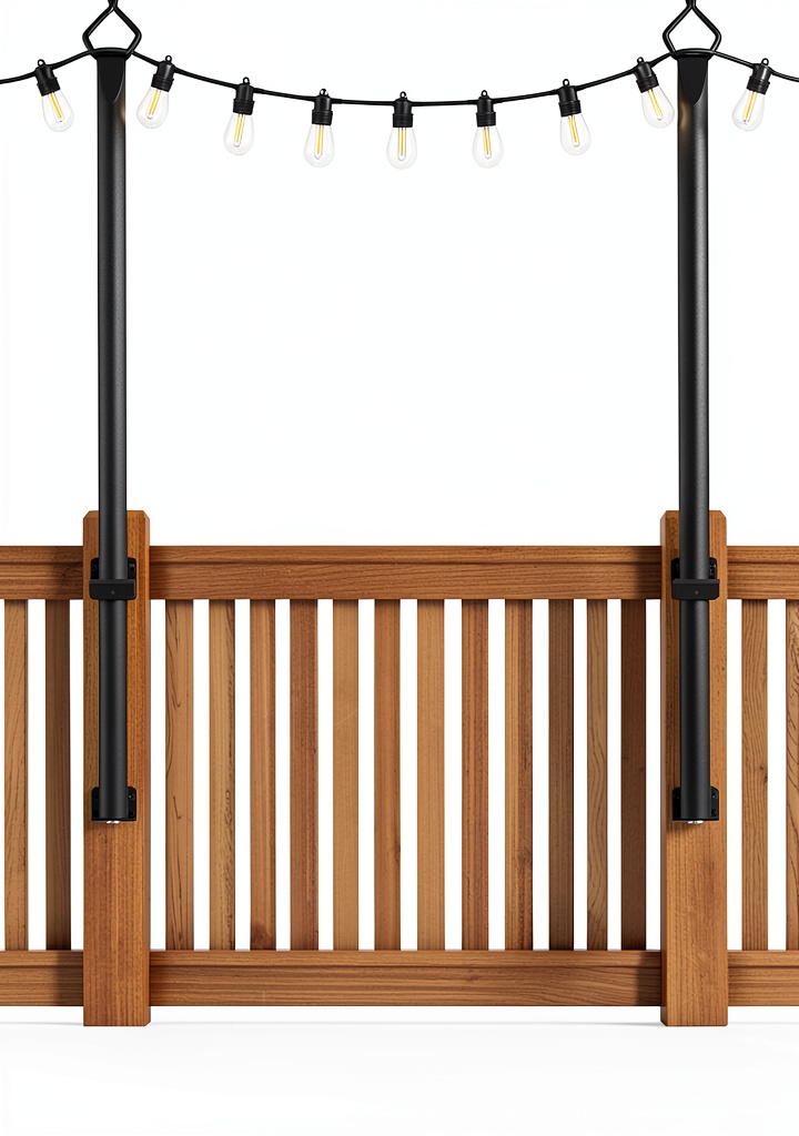 Outdoor string light pole in a garden setting