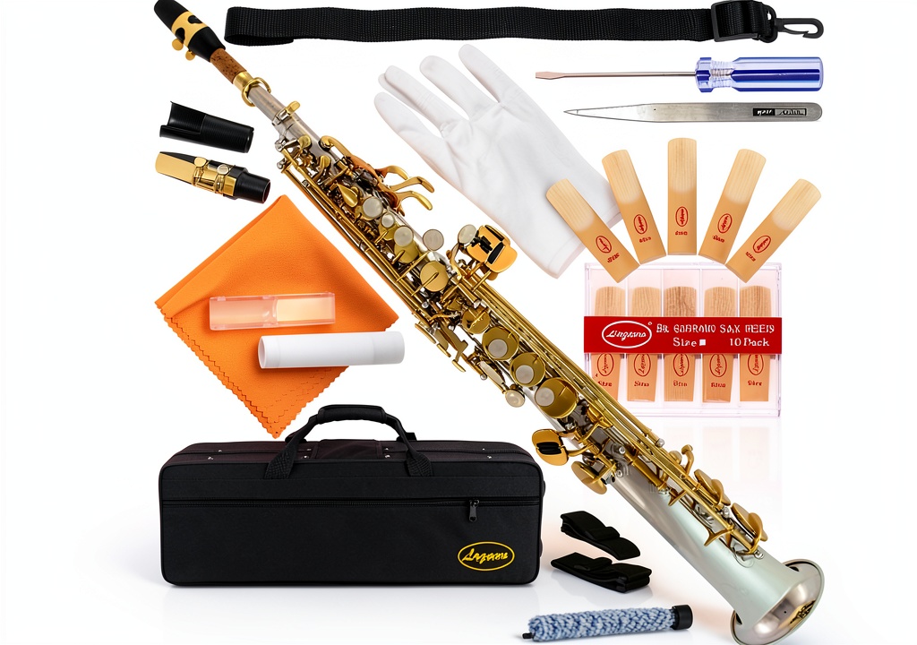 Student practicing soprano saxophone with reed on a music stand